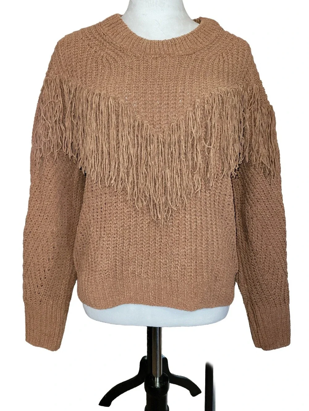 No Boundaries Mocha Western Fringe Knit Sweater Juniors Large (11-13)